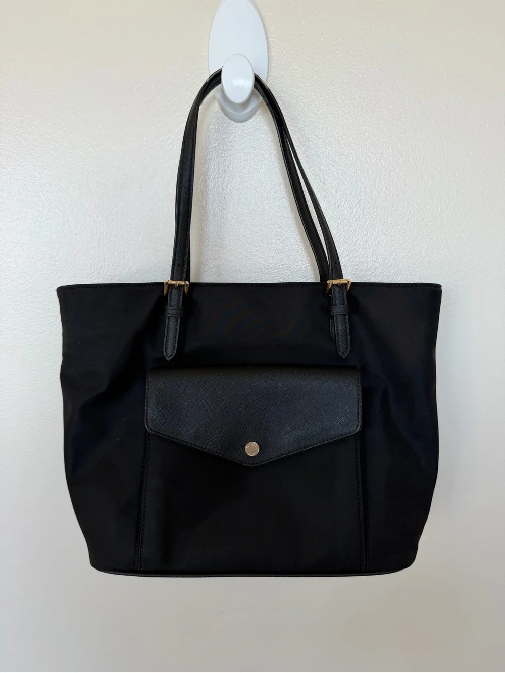 MICHAEL KORS Large Jet Set Black Leather Snap Pocket Nylon Tote Bag